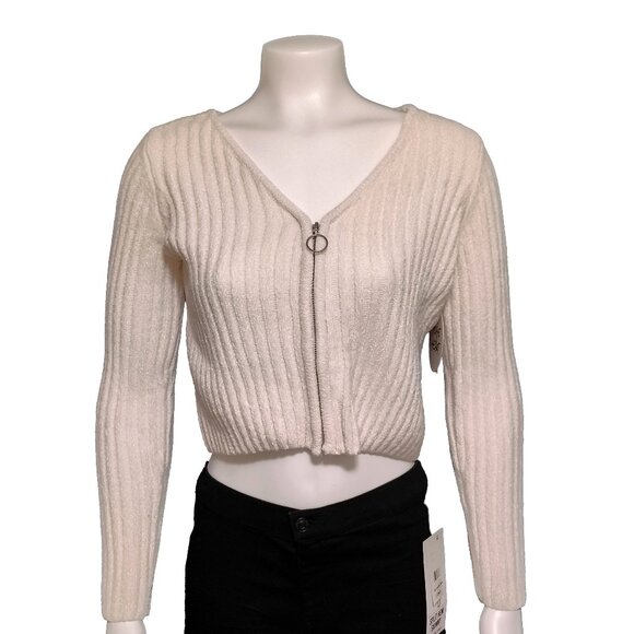 Planet Heart Juniors' V-Neck Zip-Front Ribbed Sweater - Egret - Picture 1 of 4